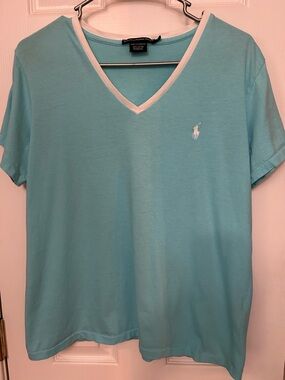 Ralph Lauren Polo V-Neck Tee Aqua w/White Trim